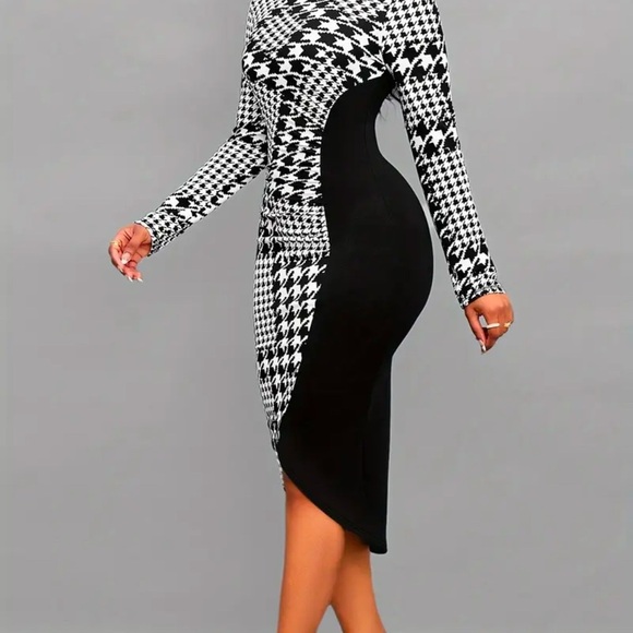 Houndstooth Bodycon Dress, Long Sleeve Boat Neck Elegant Dress - Picture 3 of 4